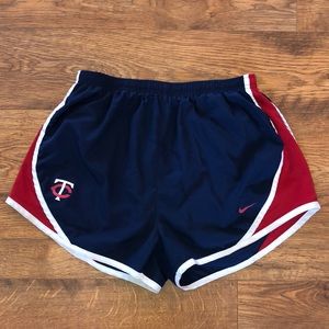 Nike athletic shorts. Red and blue with MN Twins logo. Size L.